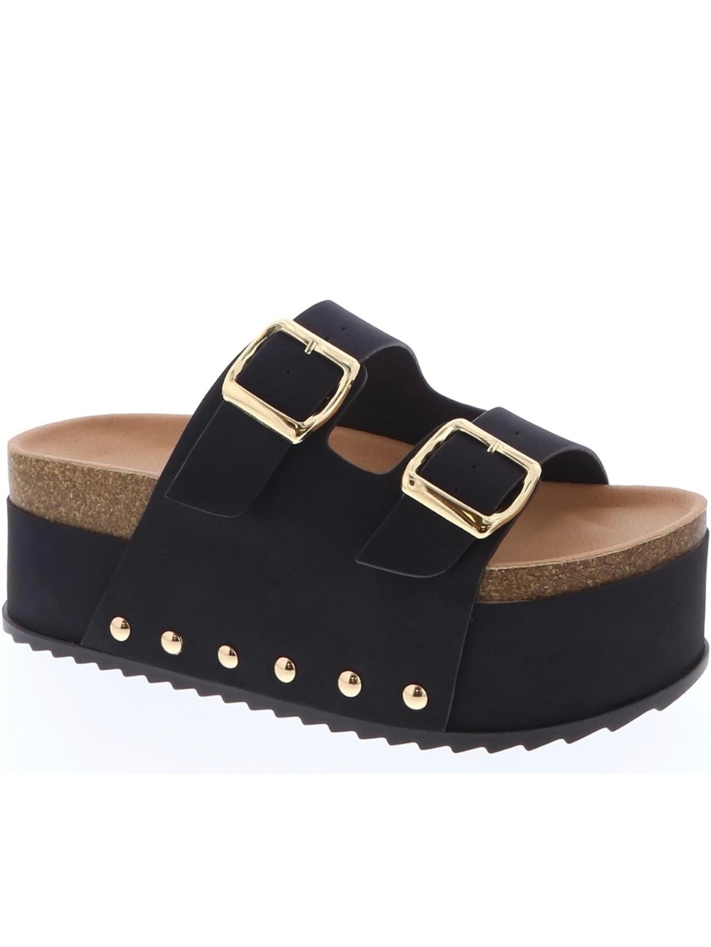 TOP Moda Black Platform Slide Sandals with Gold Buckles and Studs